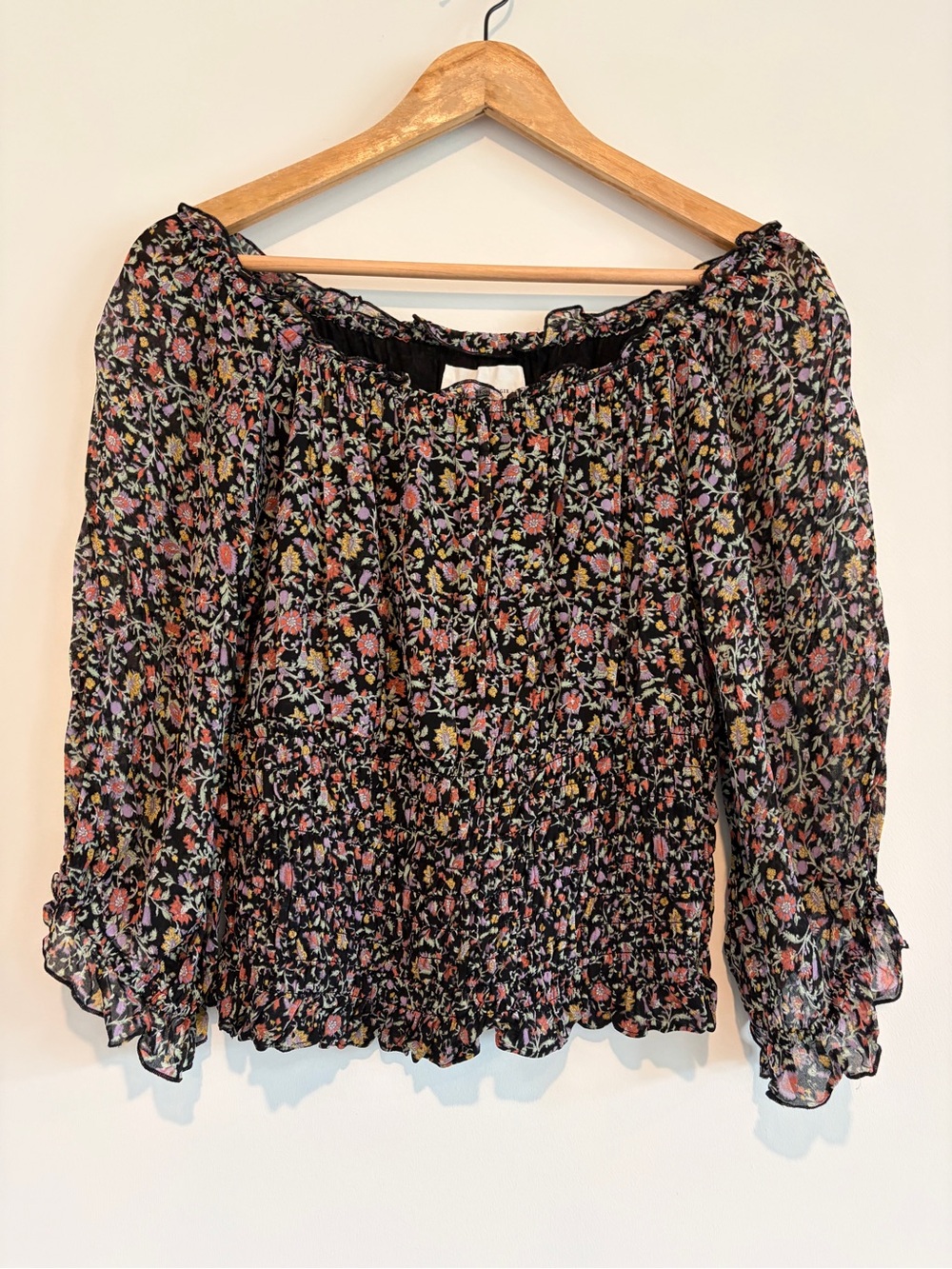 Anthropologie Floral Smocked Off The Shoulder Blouse Black Pink Medium